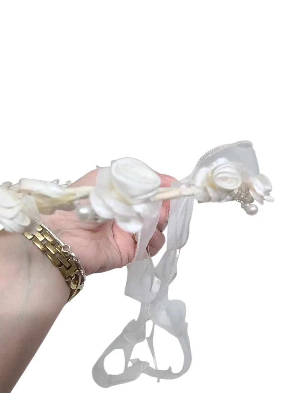White Satin Rosebud Flower Crown Headband Wedding Communion Organza Ribbon Bow